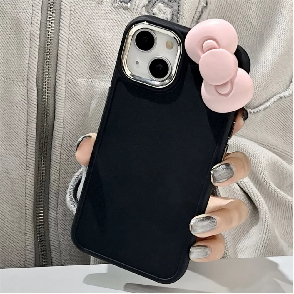 Cute 3D Pink Bowknot Soft Silicone Phone Case for Iphone 15 14 13 12 11 Pro Max X XR Soild Color Shockproof Cover Funda