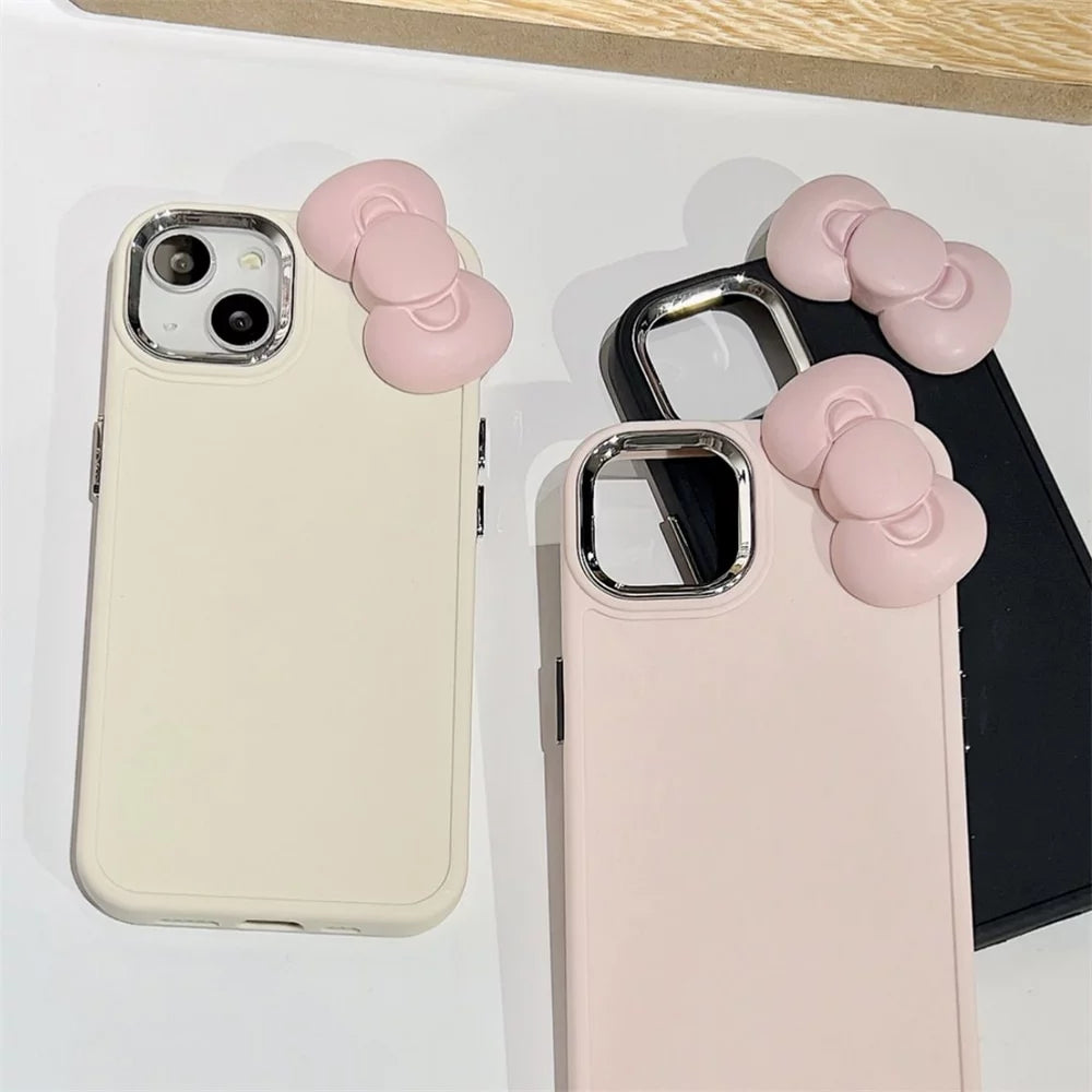 Cute 3D Pink Bowknot Soft Silicone Phone Case for Iphone 15 14 13 12 11 Pro Max X XR Soild Color Shockproof Cover Funda